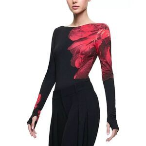 $295 New Alice & Olivia MASAKO Floral Bodysuit In peony Petals Bright Ruby   XL